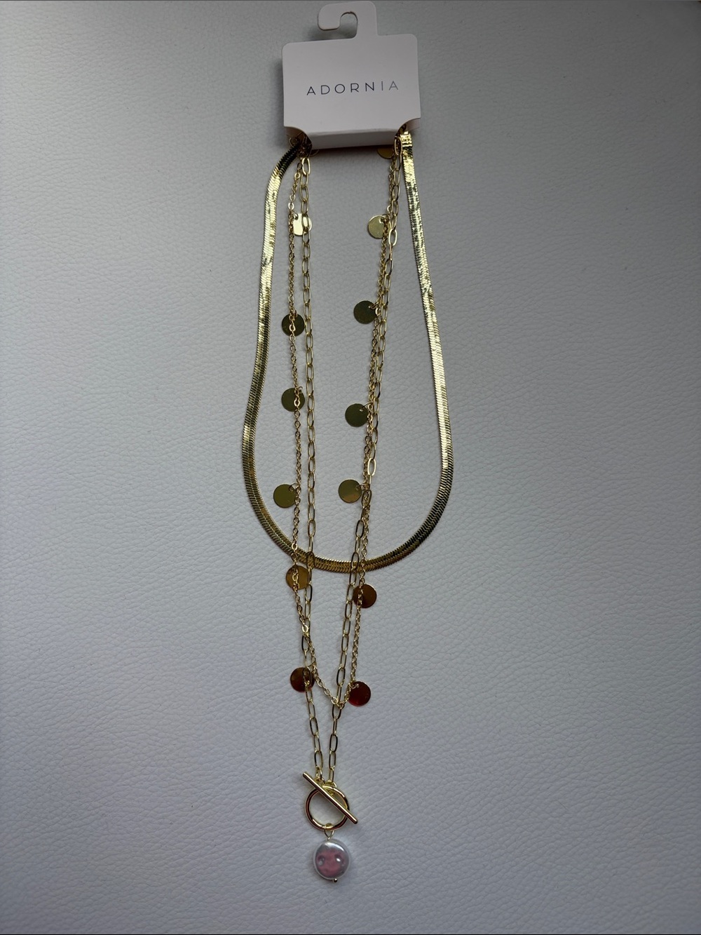 Adornia 14k Gold Plated Multi-Chain Herringbone, Disc, and Pearl Necklace